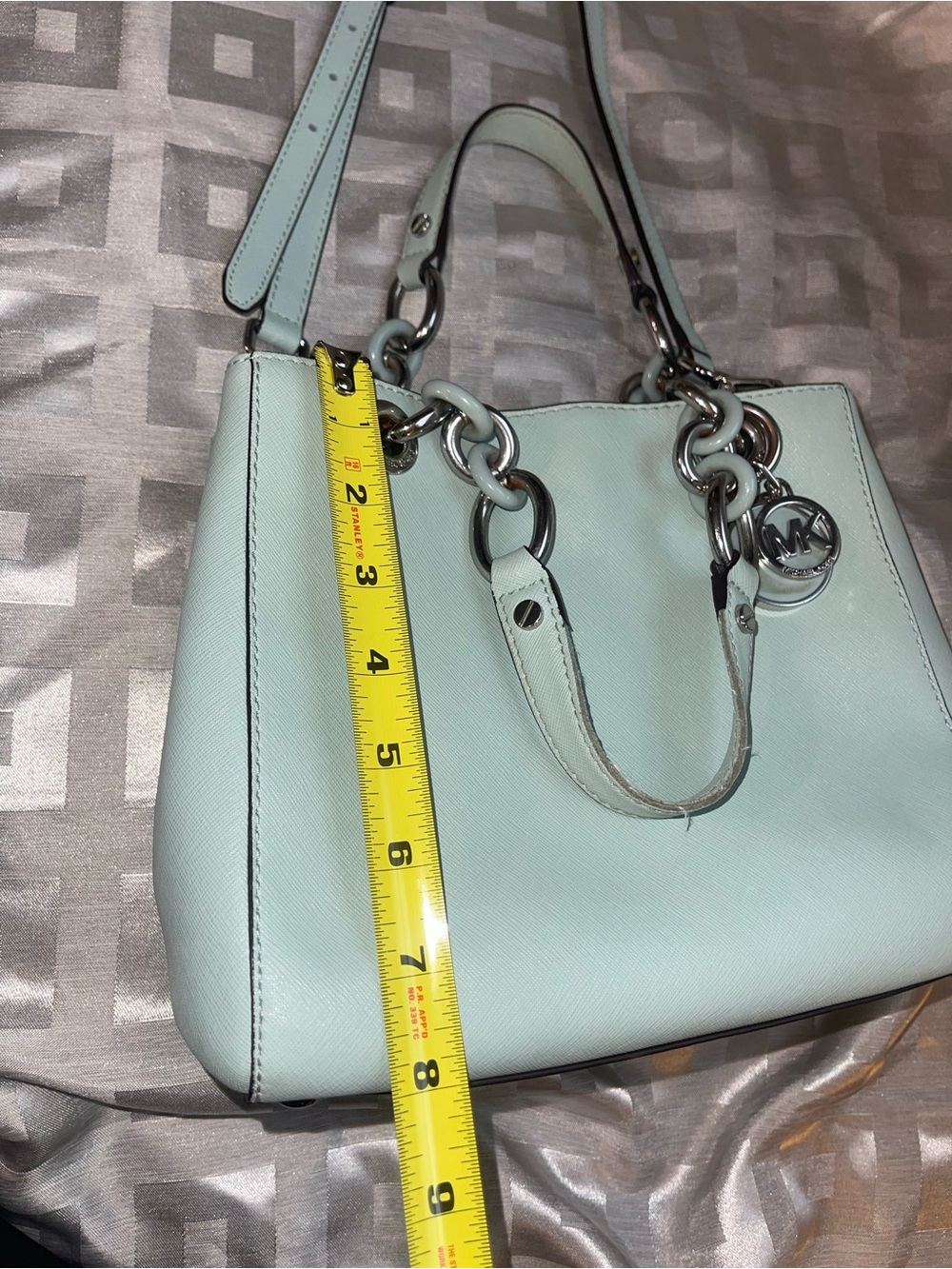 Michael Kors Cynthia Saffiano Leather Satchel with Chain Handles - Celadon - Picture 11 of 15